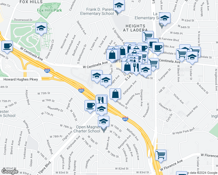 map of restaurants, bars, coffee shops, grocery stores, and more near 5537 Thornburn Street in Los Angeles