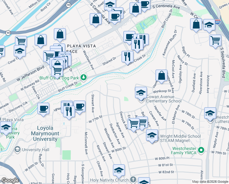 map of restaurants, bars, coffee shops, grocery stores, and more near 7478 Denrock Avenue in Los Angeles