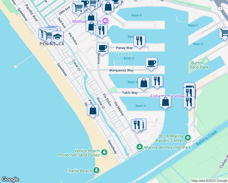 map of restaurants, bars, coffee shops, grocery stores, and more near 14120 Tahiti Way in Marina del Rey