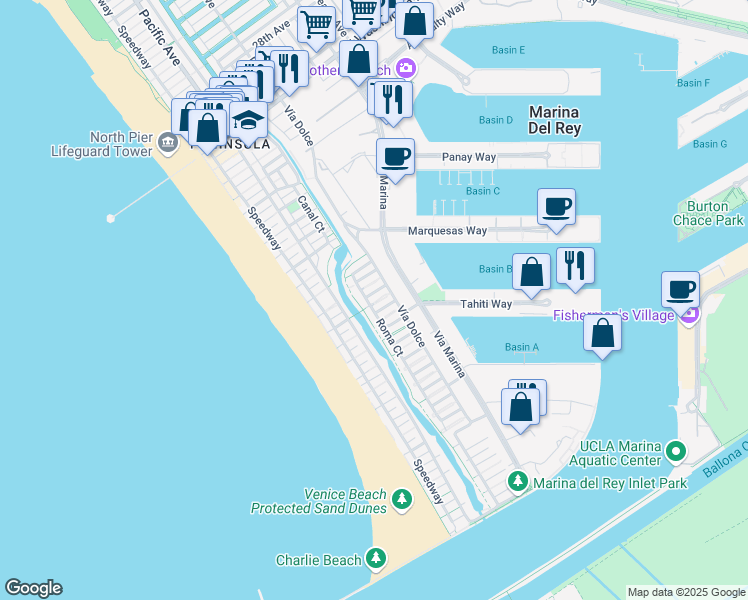 map of restaurants, bars, coffee shops, grocery stores, and more near 114 Mast Court in Marina del Rey