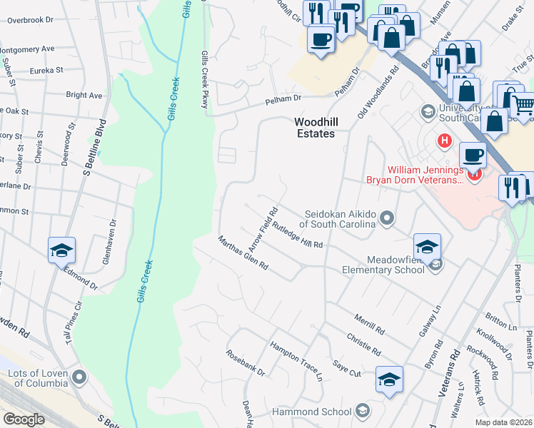 map of restaurants, bars, coffee shops, grocery stores, and more near 6107 Rutledge Hill Road in Columbia