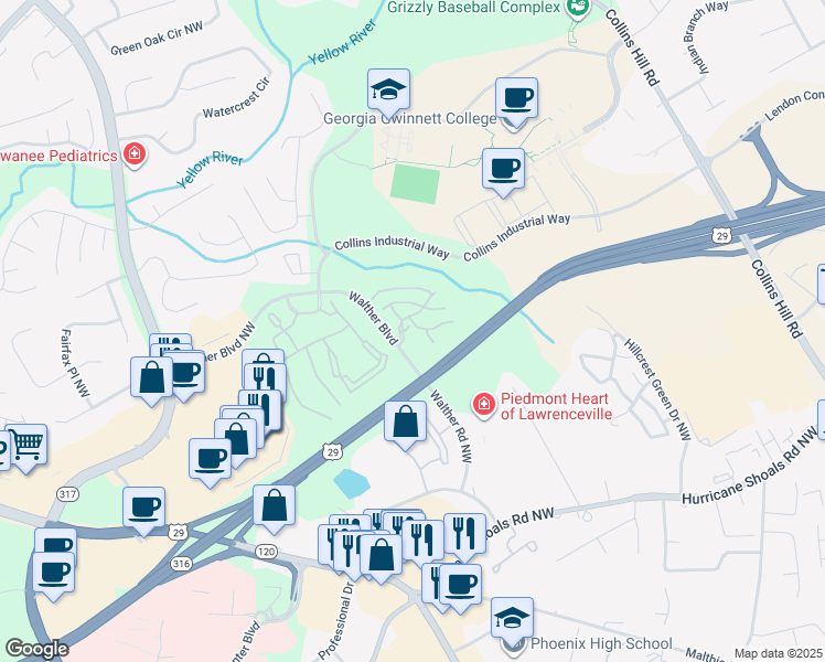 map of restaurants, bars, coffee shops, grocery stores, and more near 855 Walther Boulevard in Lawrenceville