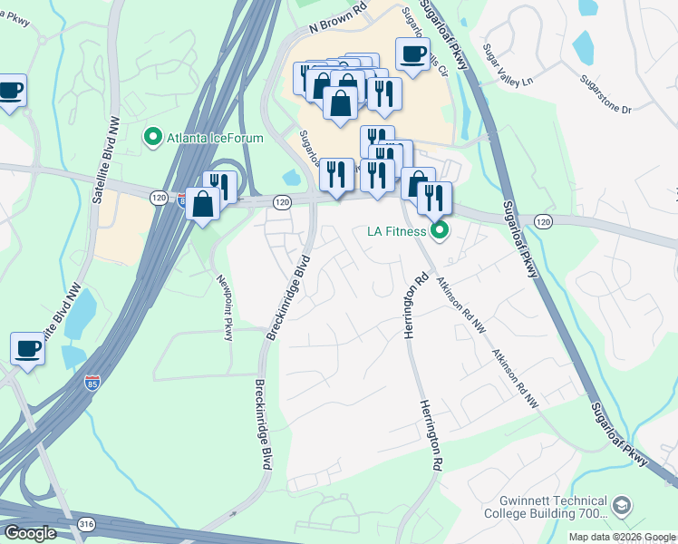 map of restaurants, bars, coffee shops, grocery stores, and more near 86 Ramblewood Trail in Lawrenceville