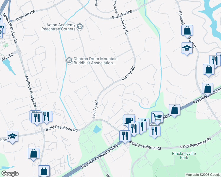 map of restaurants, bars, coffee shops, grocery stores, and more near 3538 Dunlin Shore Court in Norcross