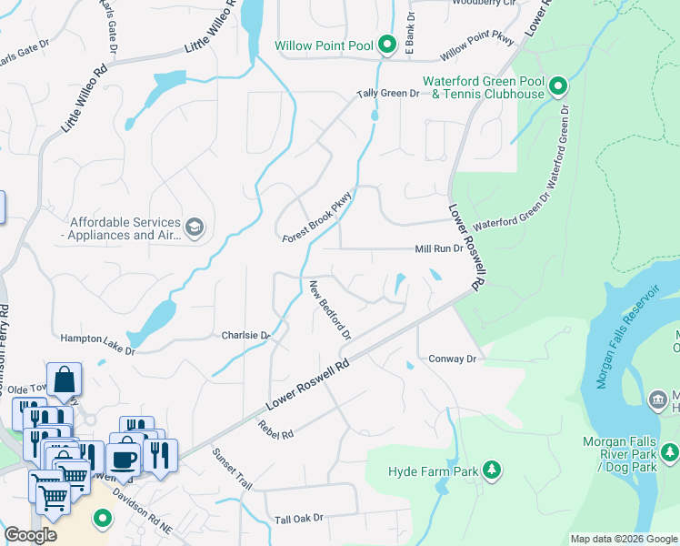 map of restaurants, bars, coffee shops, grocery stores, and more near 796 Bedford Oaks Drive in Marietta