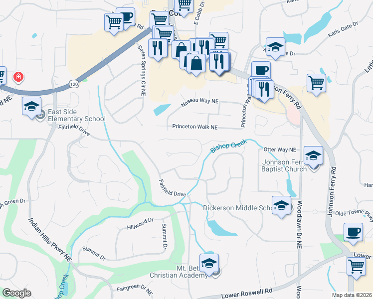 map of restaurants, bars, coffee shops, grocery stores, and more near 4344 Collingham Trace Northeast in Marietta