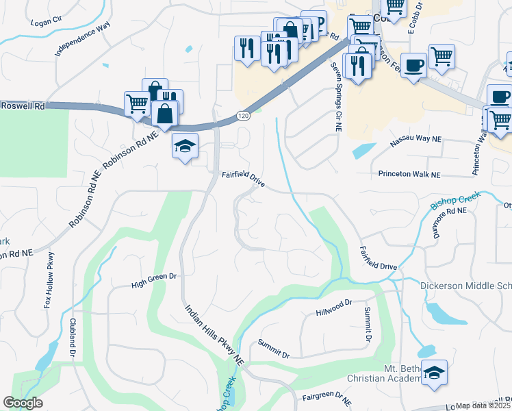 map of restaurants, bars, coffee shops, grocery stores, and more near 3983 Chantilly Place in Marietta