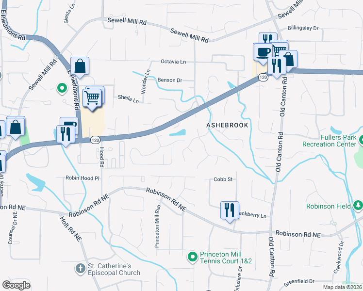 map of restaurants, bars, coffee shops, grocery stores, and more near 980 Ashebrooke Court Northeast in Marietta