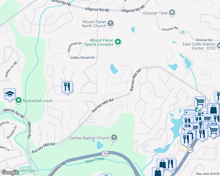 map of restaurants, bars, coffee shops, grocery stores, and more near 1654 Grist Mill Drive in Marietta