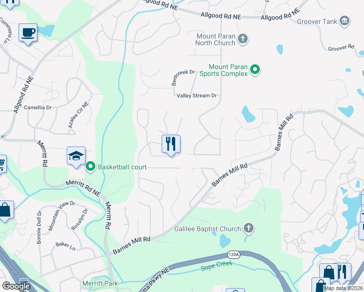 map of restaurants, bars, coffee shops, grocery stores, and more near 939 Soaring Way Northeast in Marietta