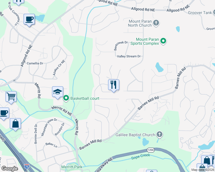 map of restaurants, bars, coffee shops, grocery stores, and more near 1040 Soaring Drive Northeast in Marietta