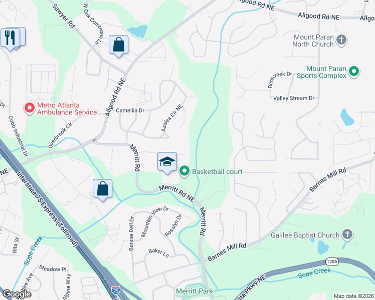map of restaurants, bars, coffee shops, grocery stores, and more near 1224 Rebel Ridge Drive in Marietta