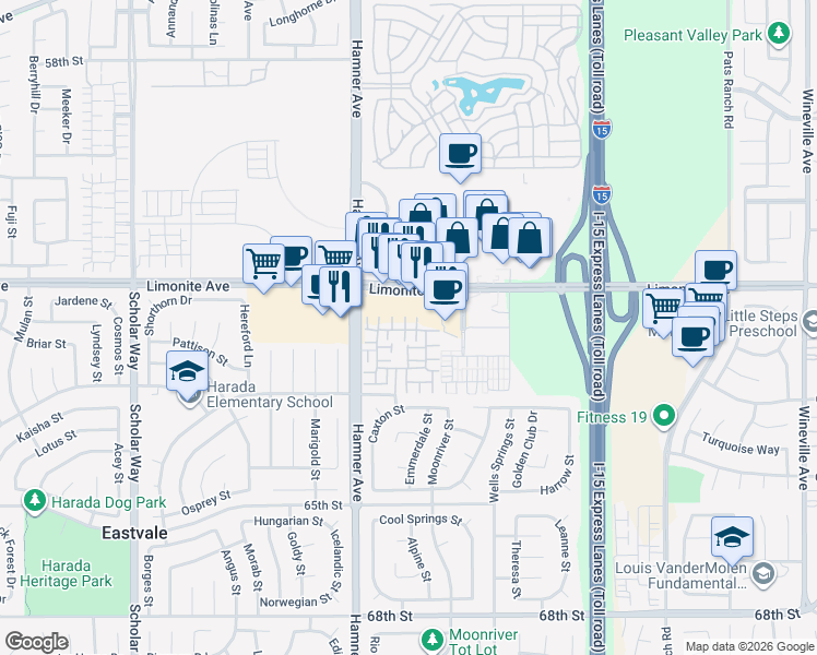 map of restaurants, bars, coffee shops, grocery stores, and more near 6272 Cristal Lane in Eastvale