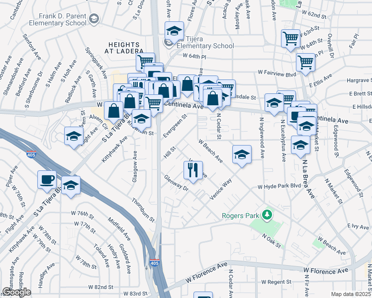 map of restaurants, bars, coffee shops, grocery stores, and more near in Inglewood