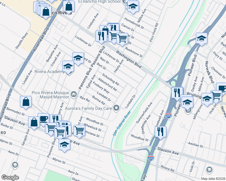 map of restaurants, bars, coffee shops, grocery stores, and more near 9632 Abbotsford Road in Pico Rivera