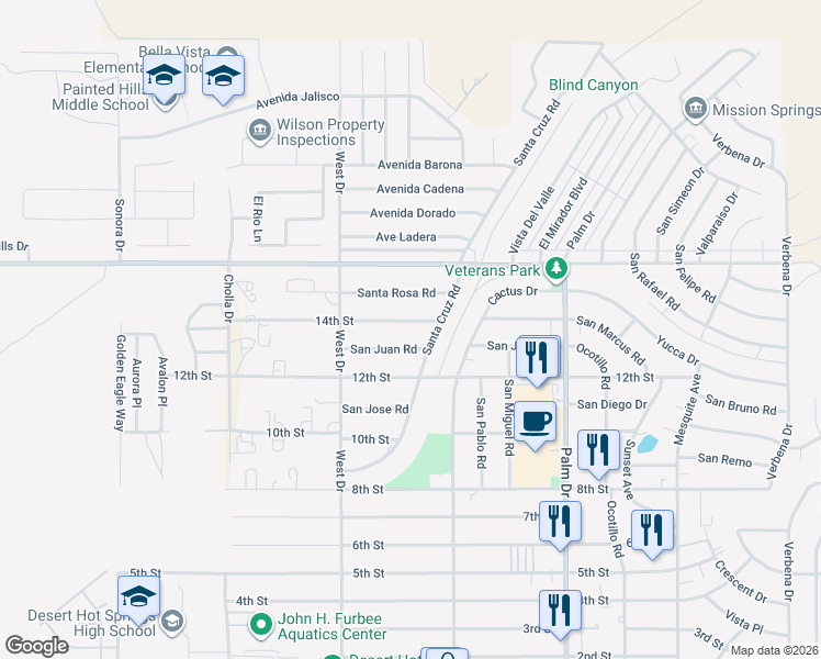 map of restaurants, bars, coffee shops, grocery stores, and more near 66167 14th Street in Desert Hot Springs