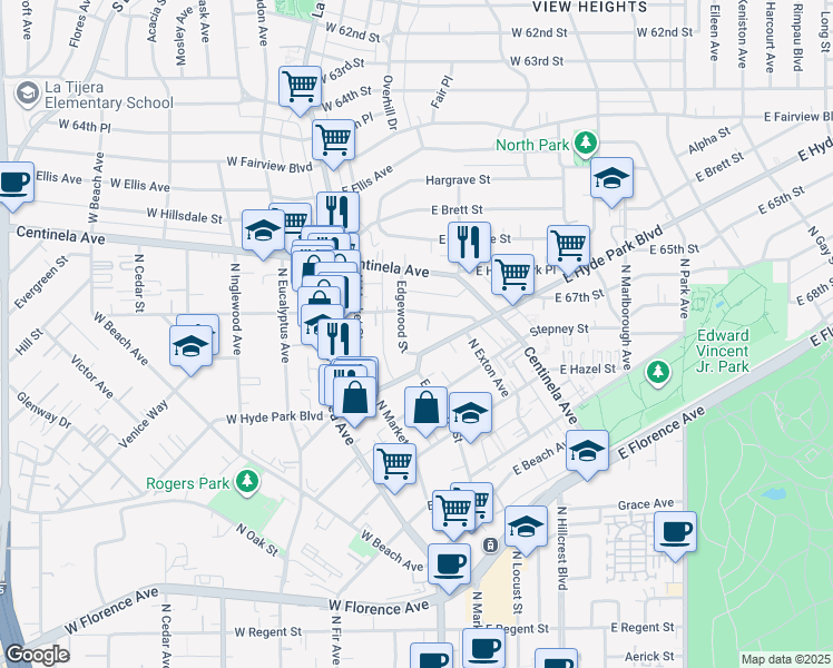map of restaurants, bars, coffee shops, grocery stores, and more near 700 Edgewood Street in Inglewood