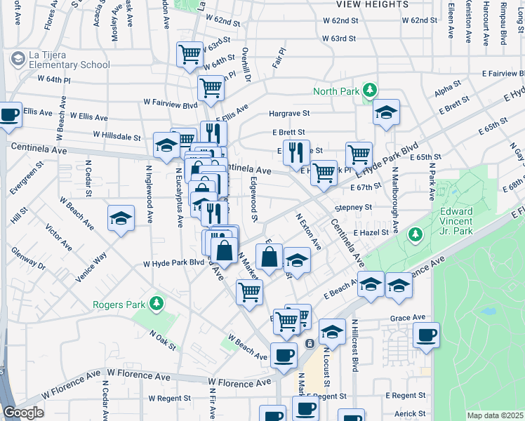 map of restaurants, bars, coffee shops, grocery stores, and more near 810 Edgewood Street in Inglewood