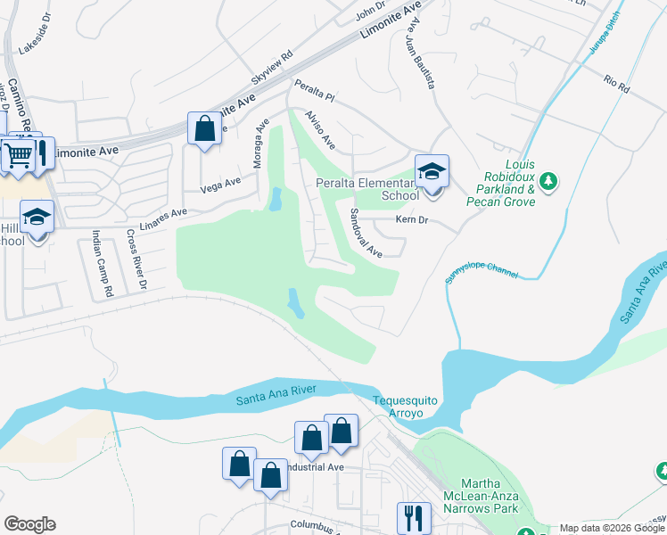map of restaurants, bars, coffee shops, grocery stores, and more near 6292 Avenue Juan Diaz in Riverside