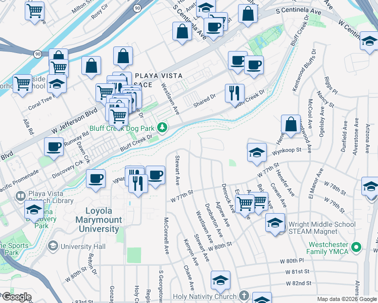 map of restaurants, bars, coffee shops, grocery stores, and more near Westlawn Avenue in Los Angeles
