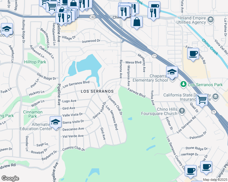 map of restaurants, bars, coffee shops, grocery stores, and more near 15375 Lotus Circle in Chino Hills