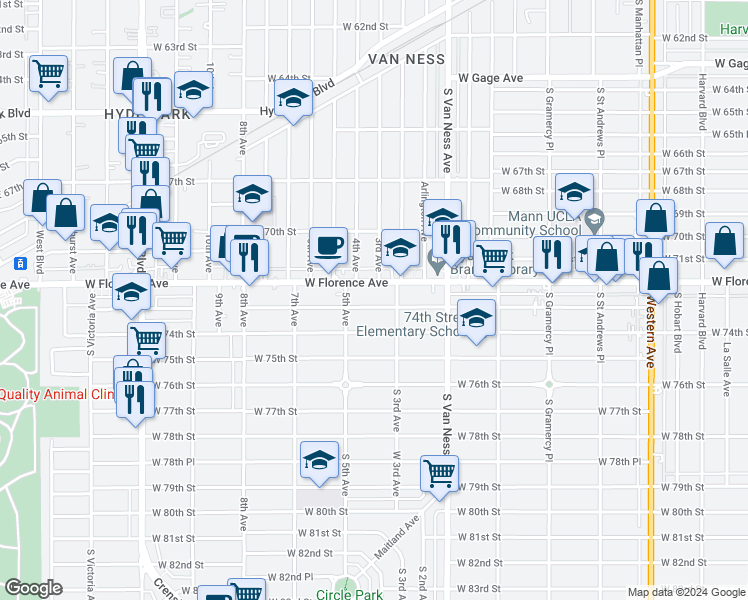 map of restaurants, bars, coffee shops, grocery stores, and more near 2429 West 73rd Street in Los Angeles
