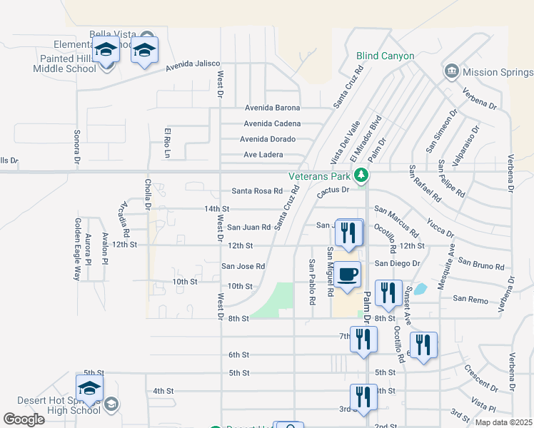 map of restaurants, bars, coffee shops, grocery stores, and more near 66167 14th Street in Desert Hot Springs