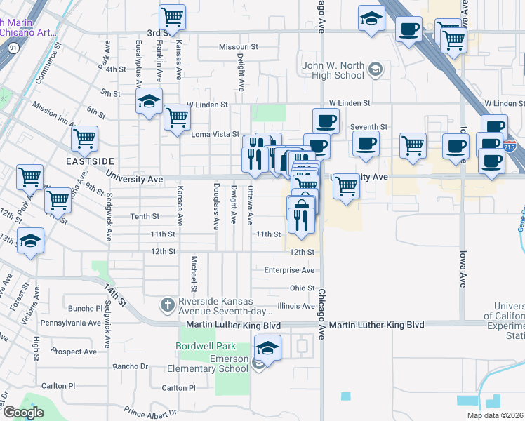 map of restaurants, bars, coffee shops, grocery stores, and more near 1886 Tenth Street in Riverside
