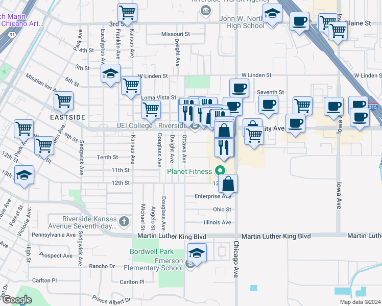 map of restaurants, bars, coffee shops, grocery stores, and more near 1879 Tenth Street in Riverside