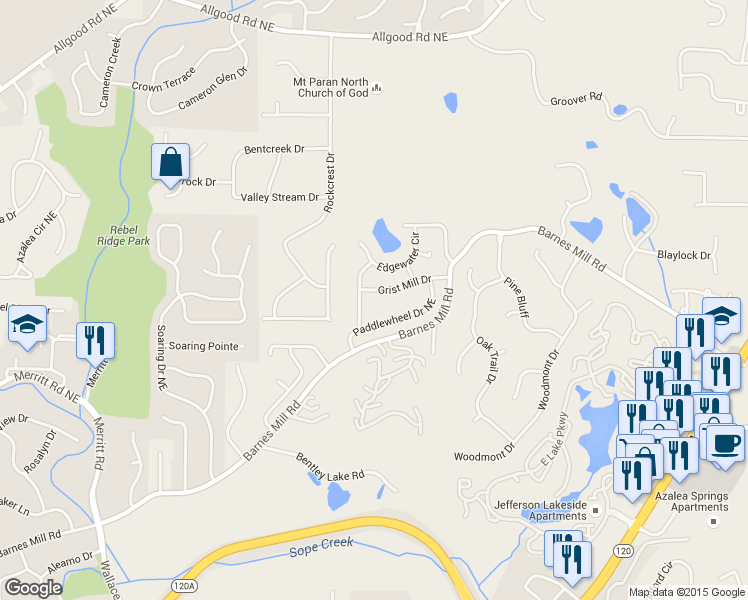 map of restaurants, bars, coffee shops, grocery stores, and more near 1654 Grist Mill Dr in Marietta
