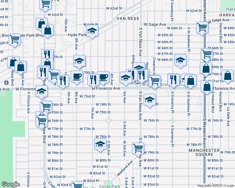 map of restaurants, bars, coffee shops, grocery stores, and more near 2429 West 73rd Street in Los Angeles