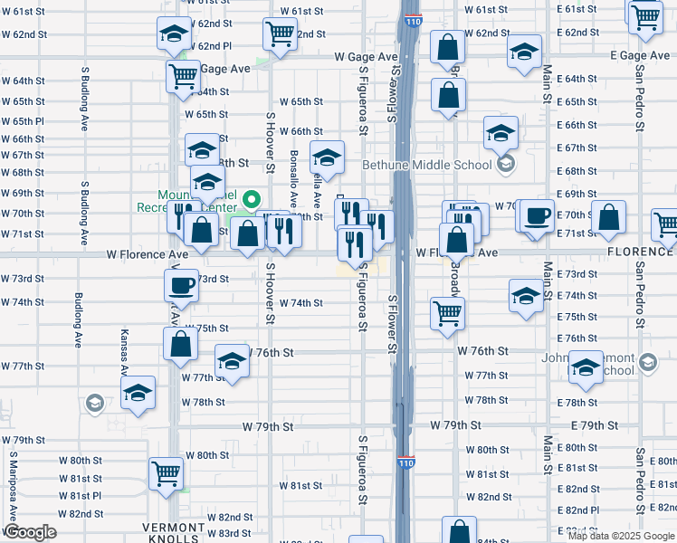 map of restaurants, bars, coffee shops, grocery stores, and more near 608 West 73rd Street in Los Angeles