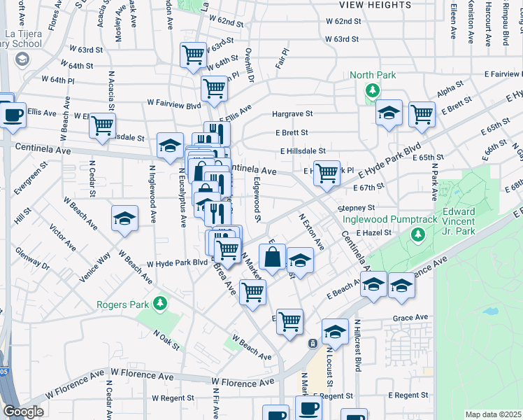 map of restaurants, bars, coffee shops, grocery stores, and more near 810 Edgewood Street in Inglewood