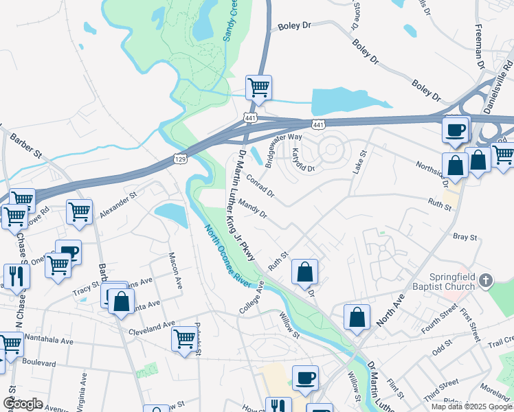 map of restaurants, bars, coffee shops, grocery stores, and more near 180 Mandy Drive in Athens