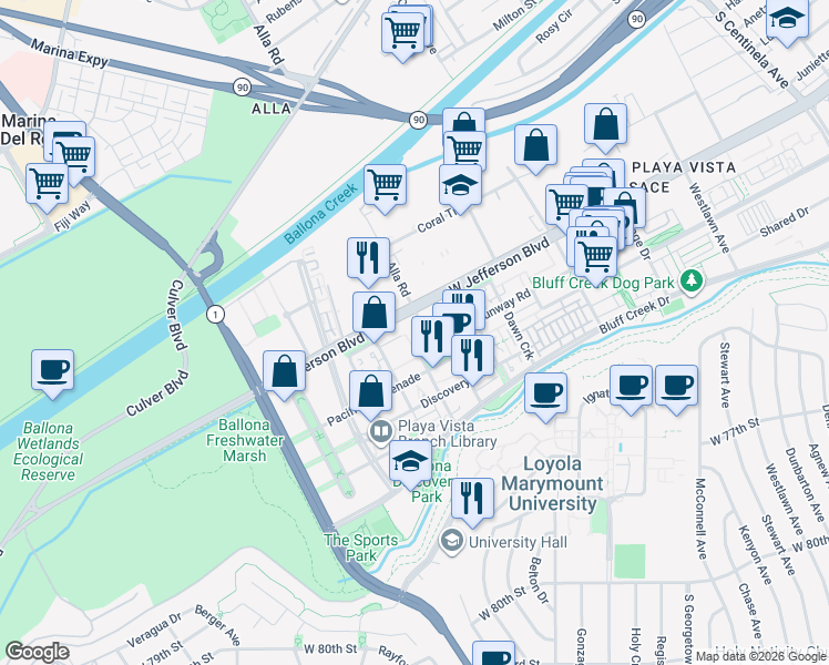 map of restaurants, bars, coffee shops, grocery stores, and more near 13031 Villosa Place in Los Angeles