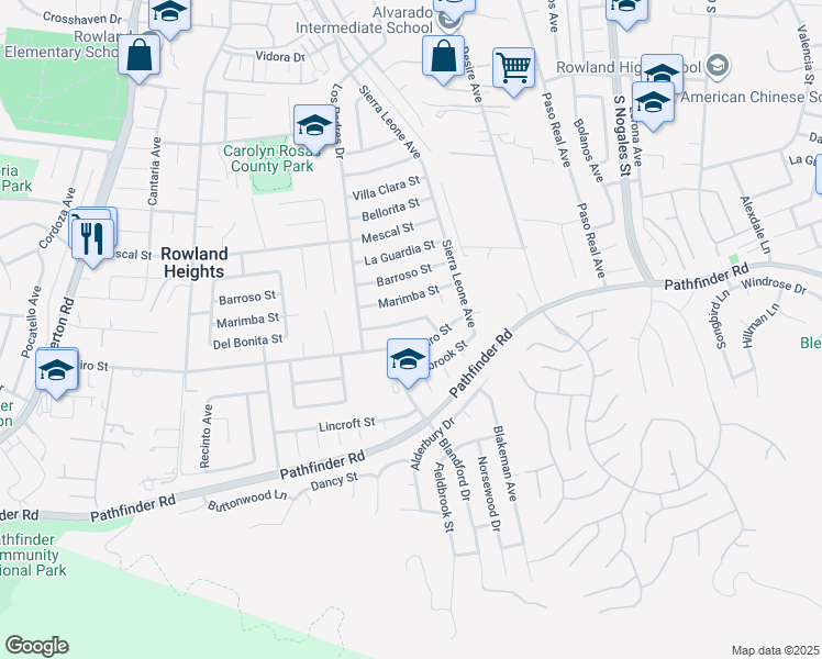 map of restaurants, bars, coffee shops, grocery stores, and more near 18654 Del Bonita Street in Rowland Heights