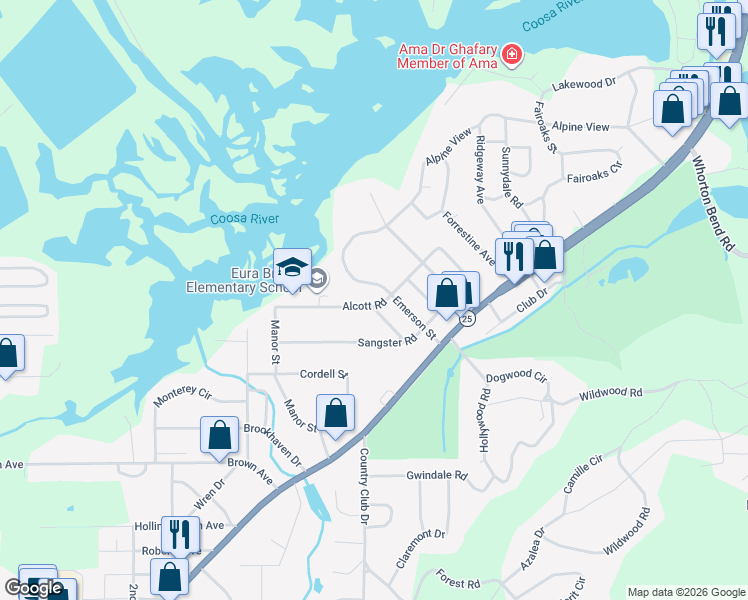 map of restaurants, bars, coffee shops, grocery stores, and more near 1210 Alcott Road in Gadsden