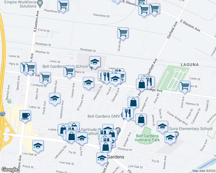 map of restaurants, bars, coffee shops, grocery stores, and more near 6220 3/4 Gage Avenue in Bell Gardens