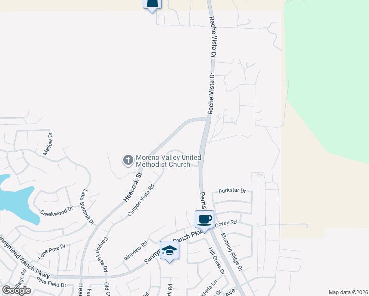 map of restaurants, bars, coffee shops, grocery stores, and more near 10161 Canyon Vista Road in Moreno Valley