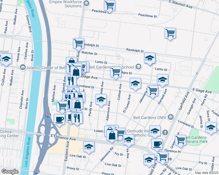 map of restaurants, bars, coffee shops, grocery stores, and more near 5933 Loveland Street in Bell Gardens