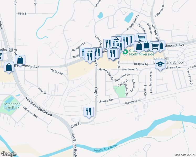 map of restaurants, bars, coffee shops, grocery stores, and more near 6280 Clay Street in Riverside