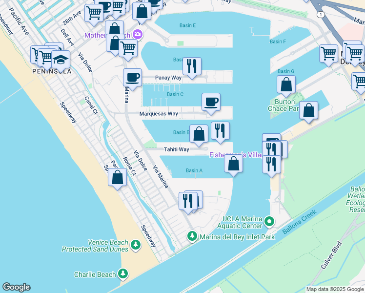 map of restaurants, bars, coffee shops, grocery stores, and more near 14015 Tahiti Way in Marina del Rey