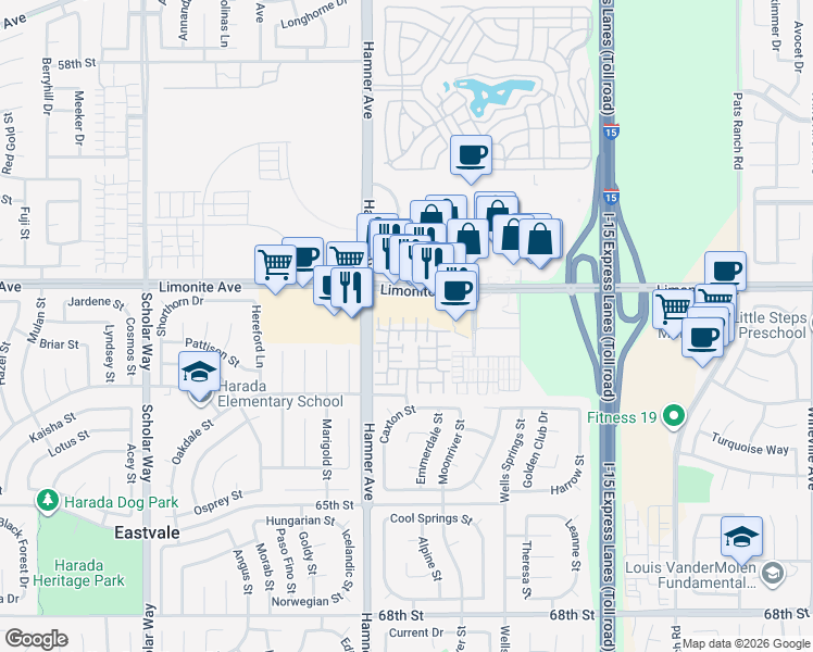 map of restaurants, bars, coffee shops, grocery stores, and more near 6297 Montedor Lane in Eastvale