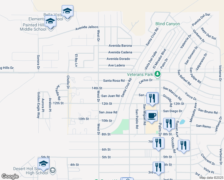 map of restaurants, bars, coffee shops, grocery stores, and more near 66113 14th Street in Desert Hot Springs