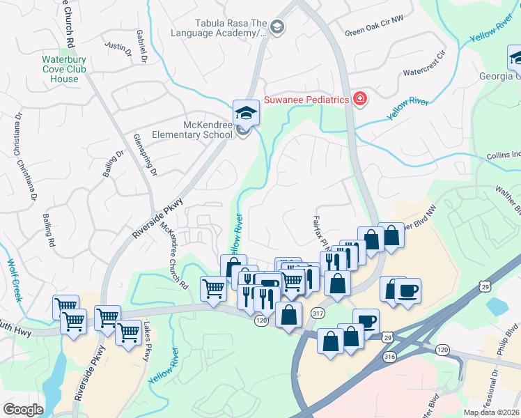 map of restaurants, bars, coffee shops, grocery stores, and more near 990 River Overlook Drive Northwest in Lawrenceville