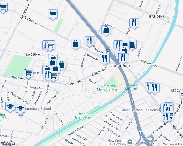 map of restaurants, bars, coffee shops, grocery stores, and more near 7139 East Gage Avenue in Commerce