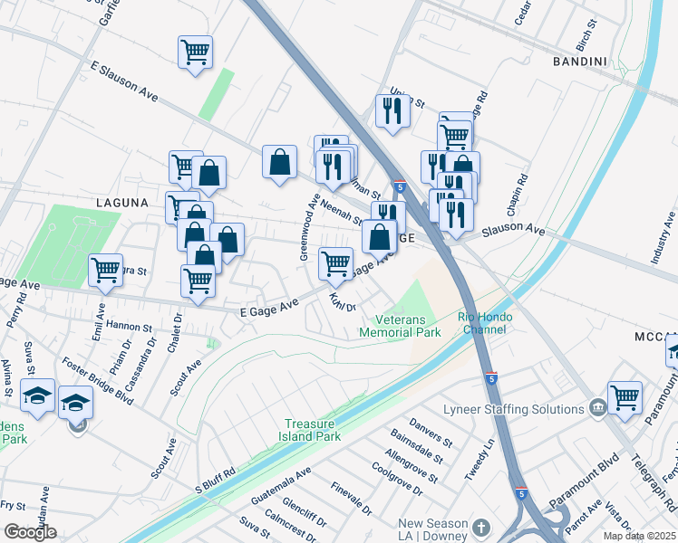 map of restaurants, bars, coffee shops, grocery stores, and more near 7139 East Gage Avenue in Commerce