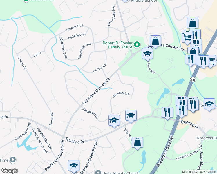 map of restaurants, bars, coffee shops, grocery stores, and more near 5673 Bloomingdale Court Northwest in Norcross