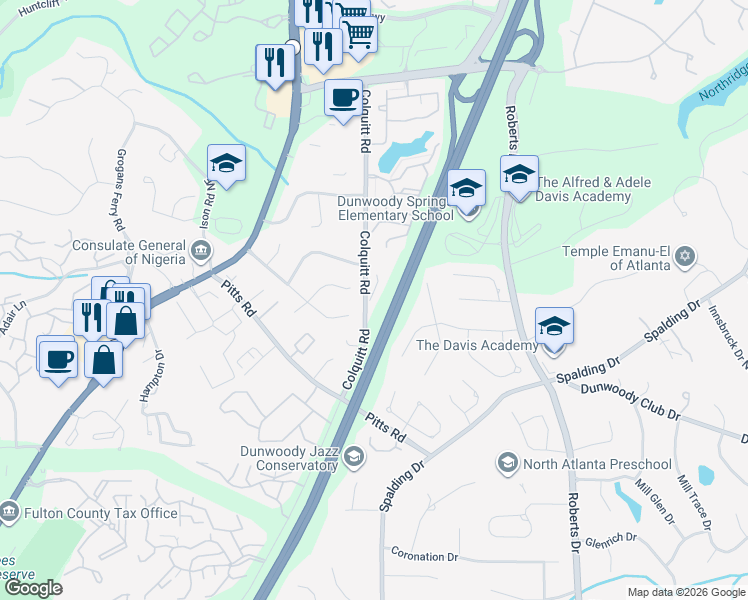 map of restaurants, bars, coffee shops, grocery stores, and more near 8005 Linfield Way in Sandy Springs