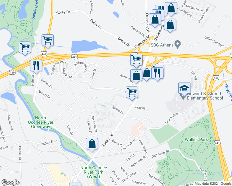 map of restaurants, bars, coffee shops, grocery stores, and more near 150 Spring Court in Athens